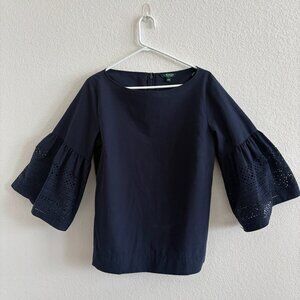 LAUREN RALPH LAUREN NAVY LASER CUT BELL SLEEVE TOP, SIZE L